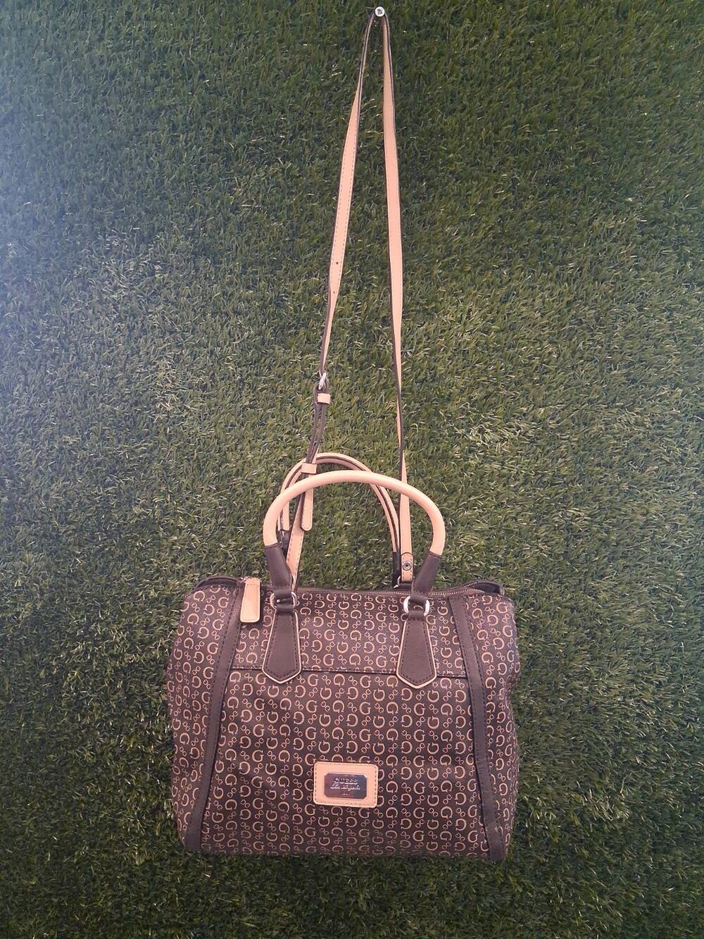 GUESS Women's Satchel Handbag Brown Tan G Logo Monogram Duffle Top Handle Bag